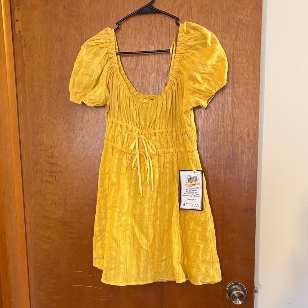 Macy's Yellow Puff Sleeve Tie-Waist Sundress